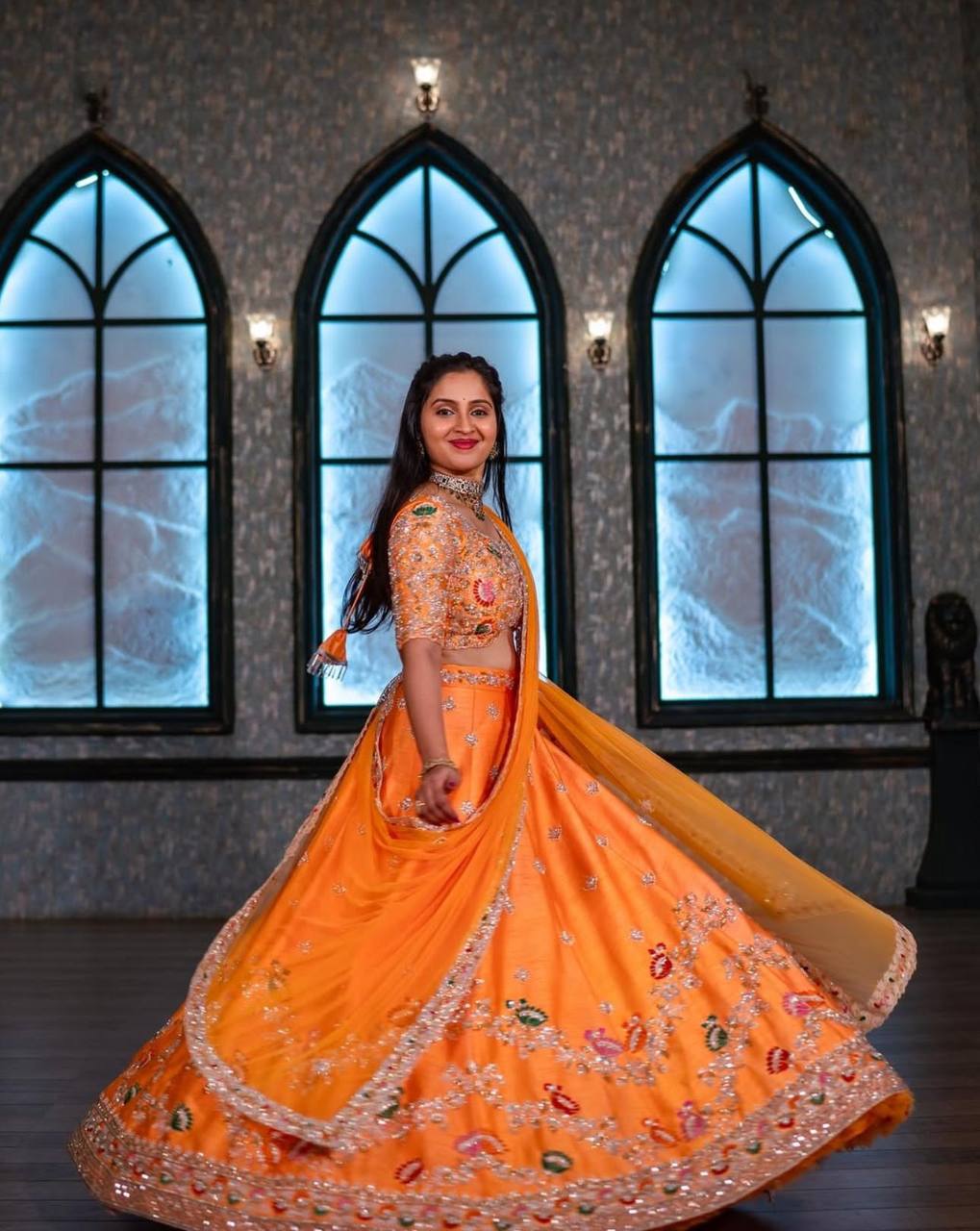 Wedding Wear Chinon Orange Lehenga Choli