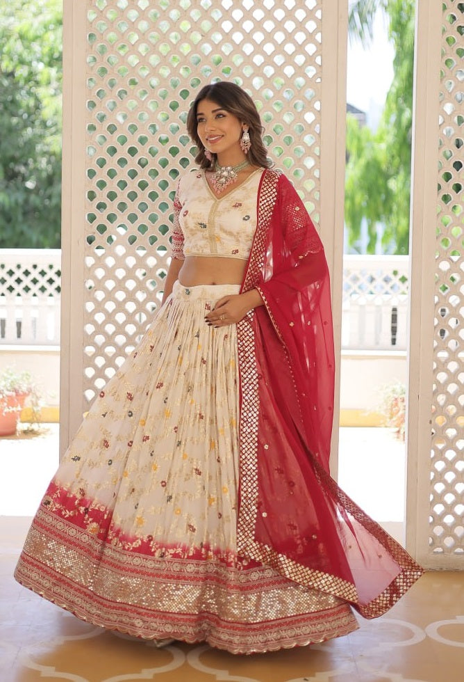 Party Wear Embroidered Off White Lehenga Choli