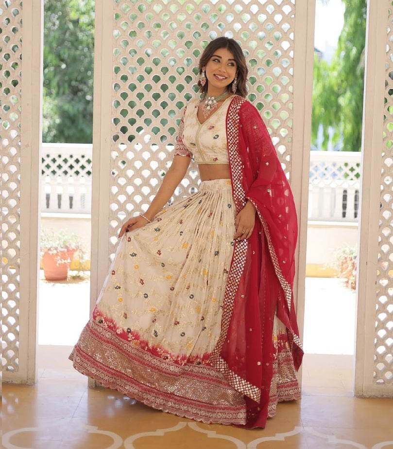 Party Wear Embroidered Off White Lehenga Choli