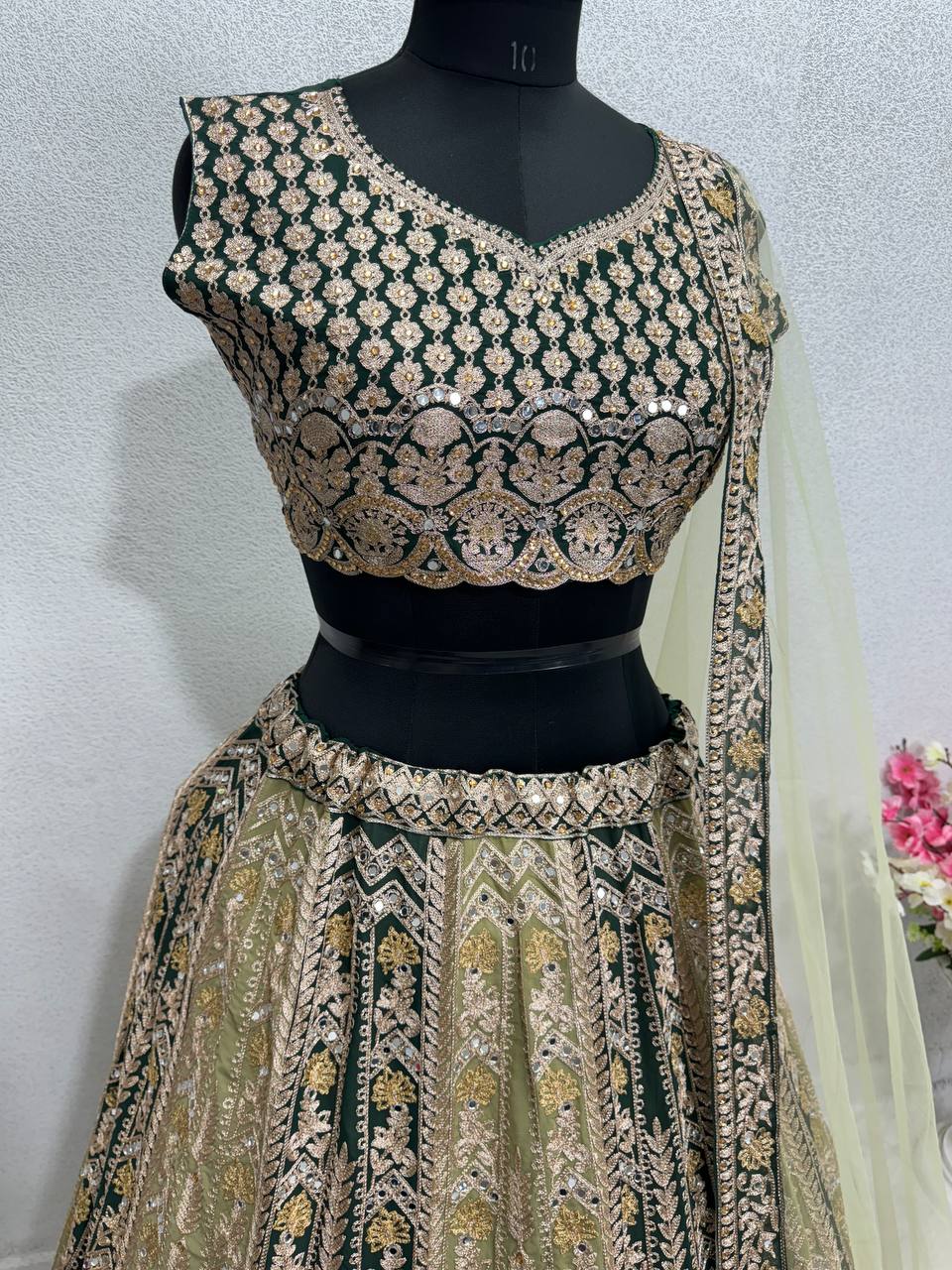 Wedding Wear Faux Georgette Green Lehenga Choli