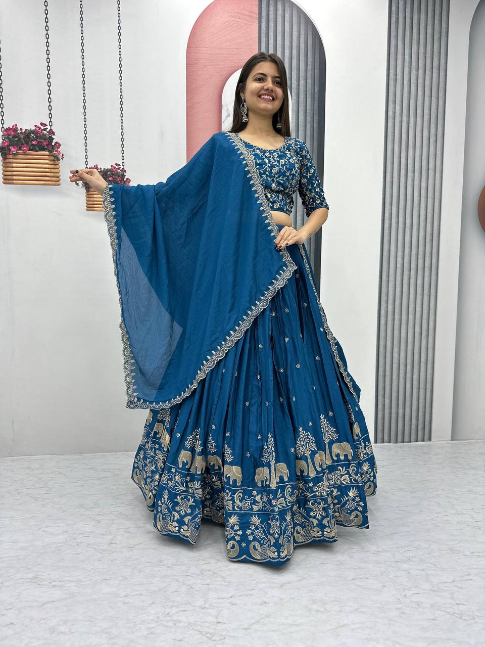 Party Wear Chinon Blue Lehenga Choli