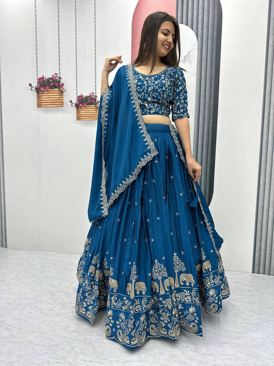 Party Wear Chinon Blue Lehenga Choli