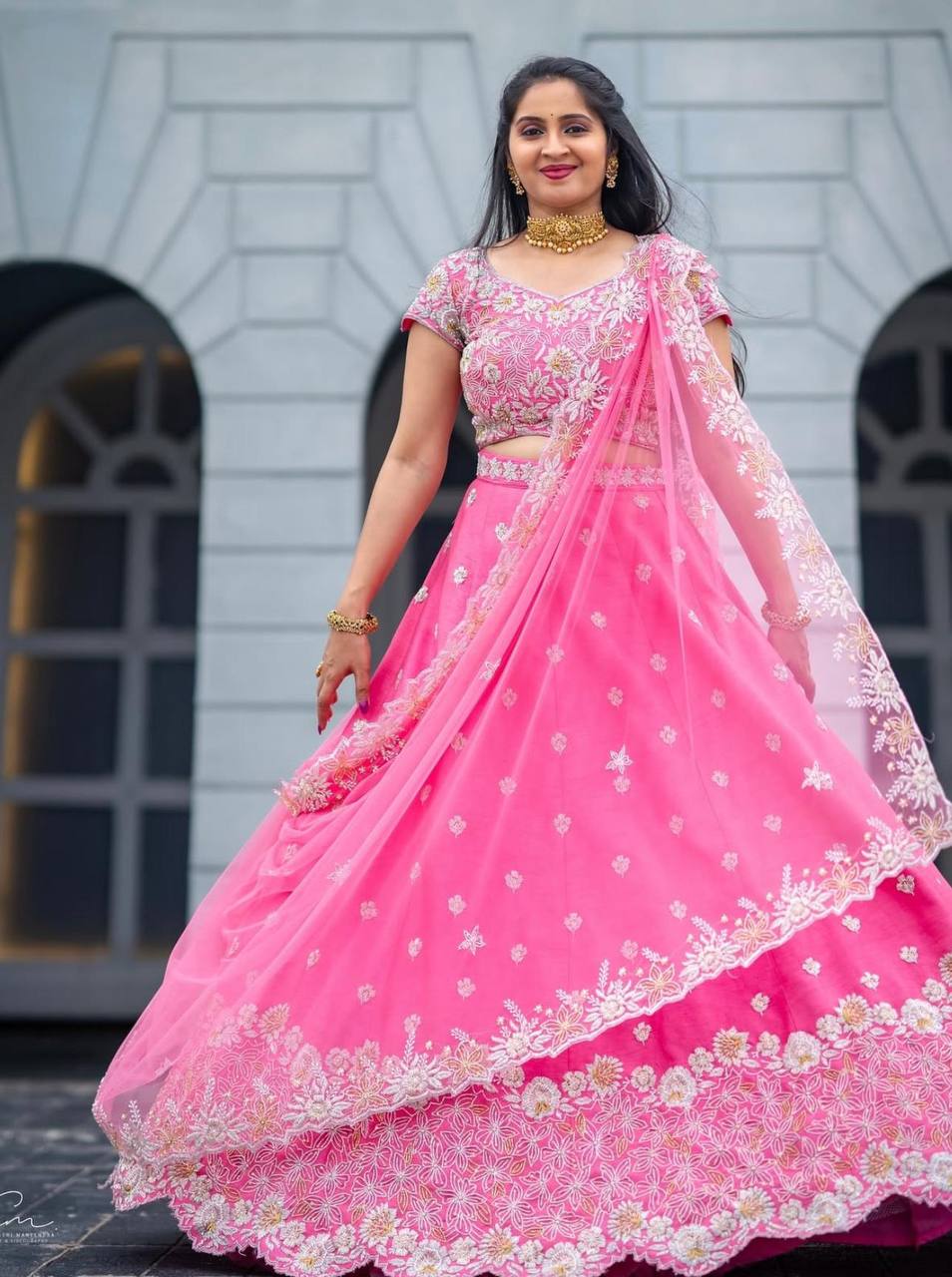 Chinon Engagement Wear Pink Lehenga Choli