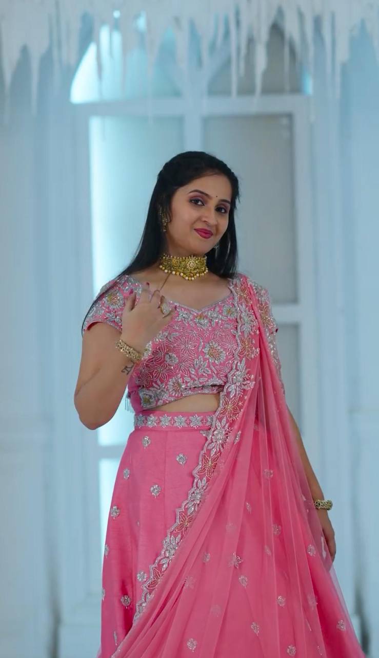 Chinon Engagement Wear Pink Lehenga Choli