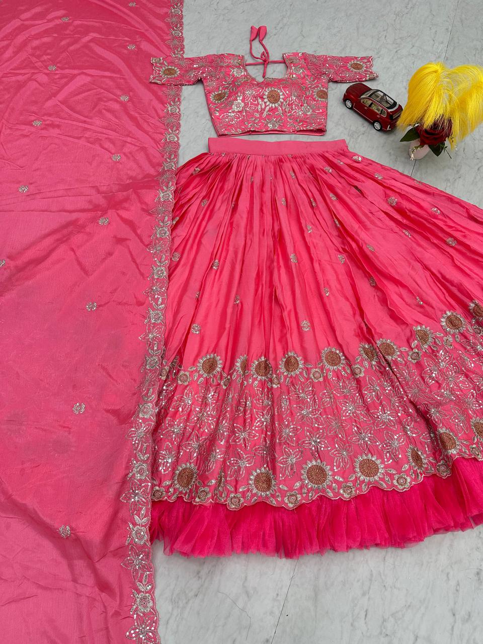 Chinon Engagement Wear Pink Lehenga Choli