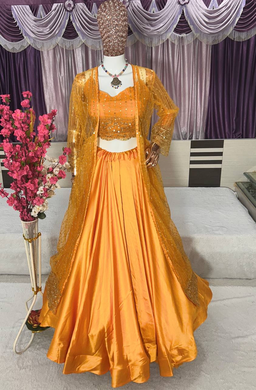 Party Wear Silk Yellow Lehenga Choli With Shrug