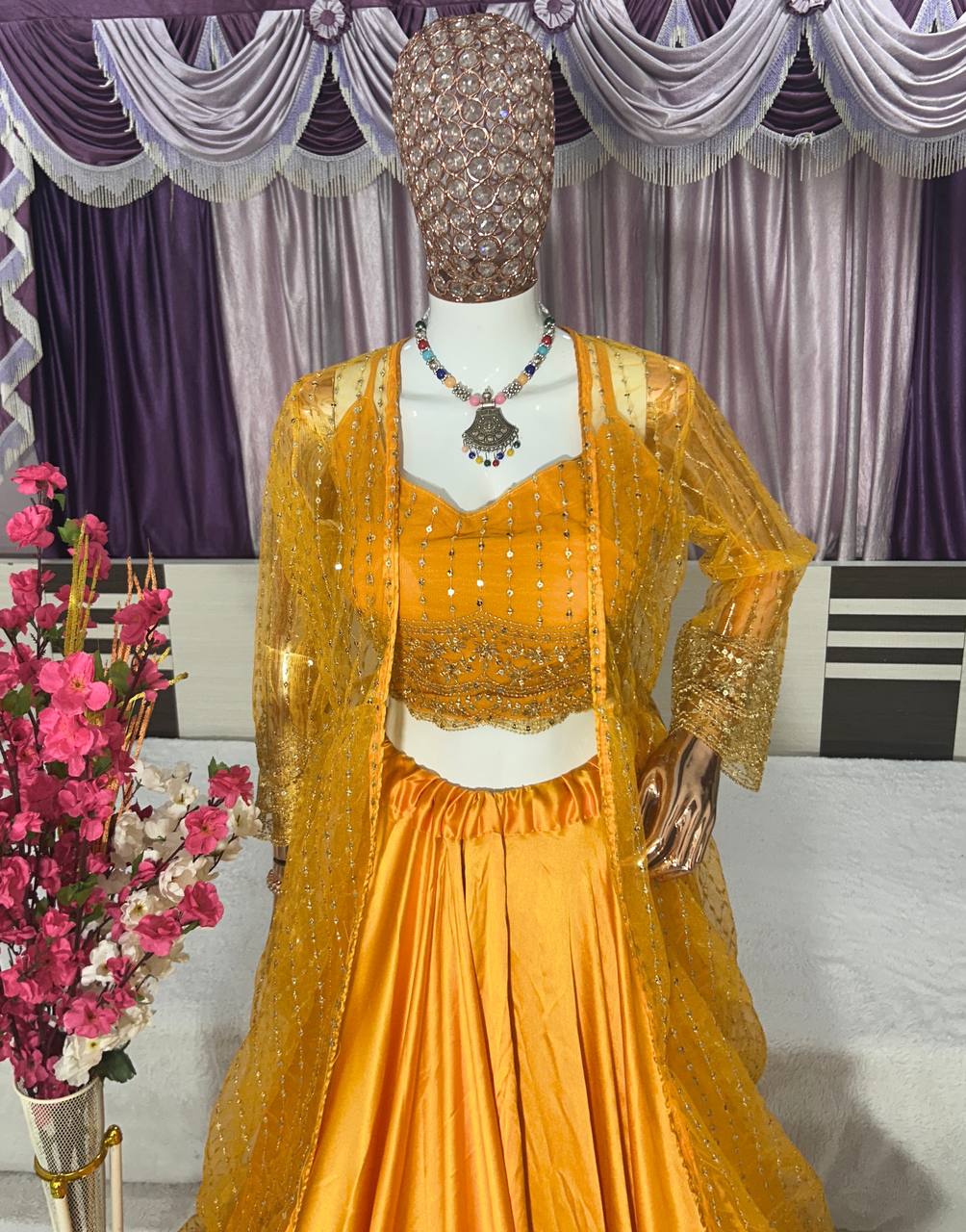 Party Wear Silk Yellow Lehenga Choli With Shrug