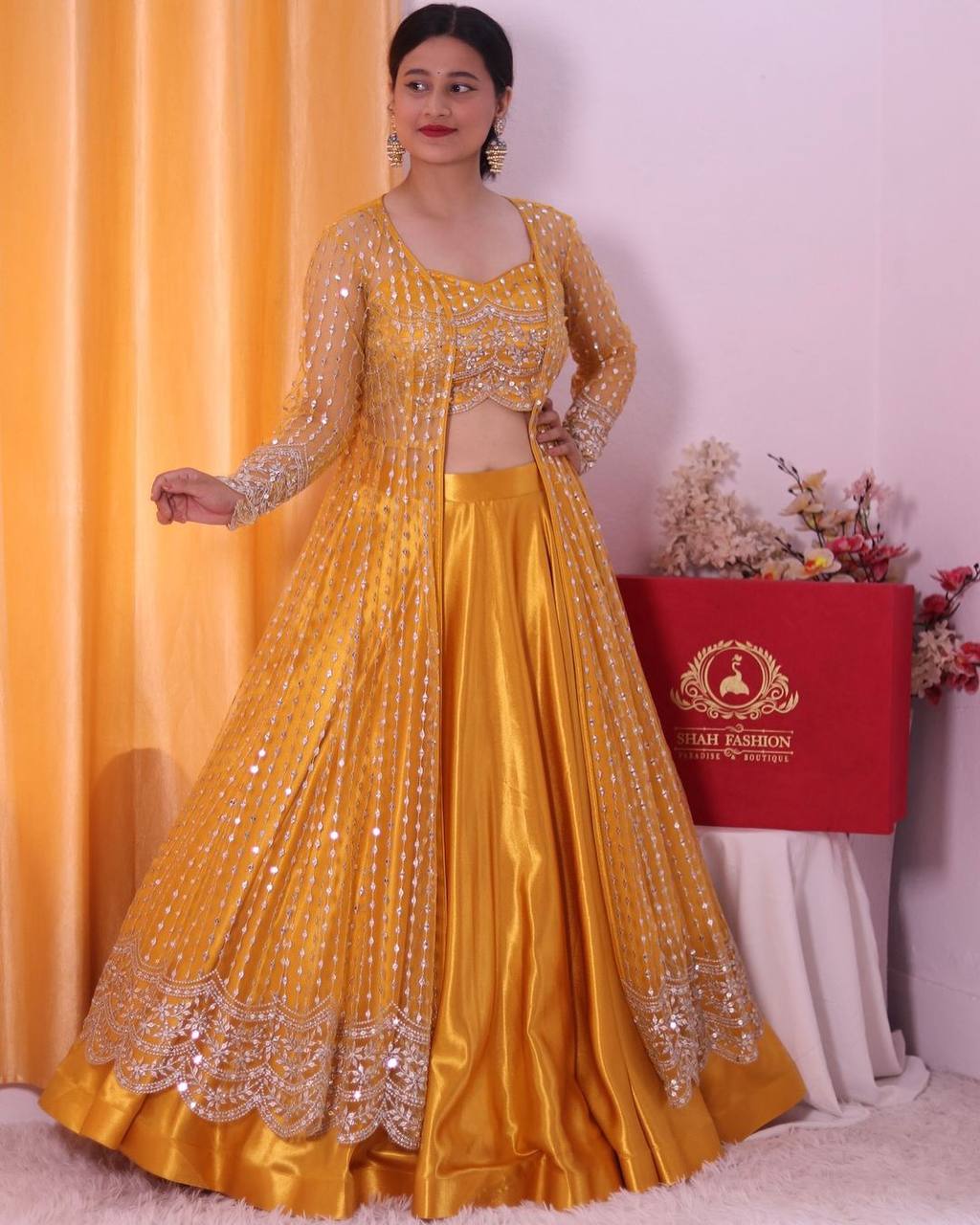 Party Wear Silk Yellow Lehenga Choli With Shrug