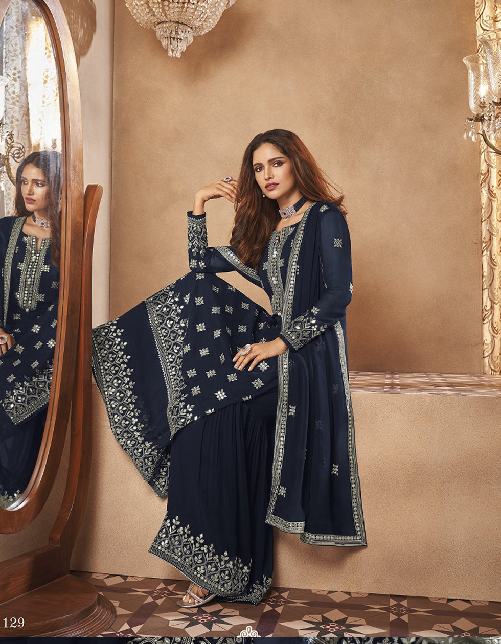 Navy Blue Creap Embroidery Plazzo Suit
