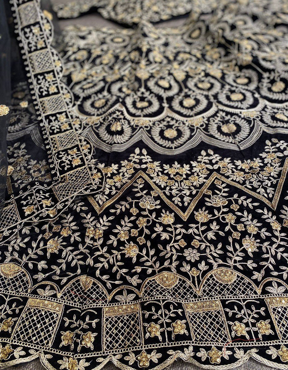 Designer Black Velvet Sequance Embroidered Work Wedding Wear  Floral Lehenga Choli With Dupatta