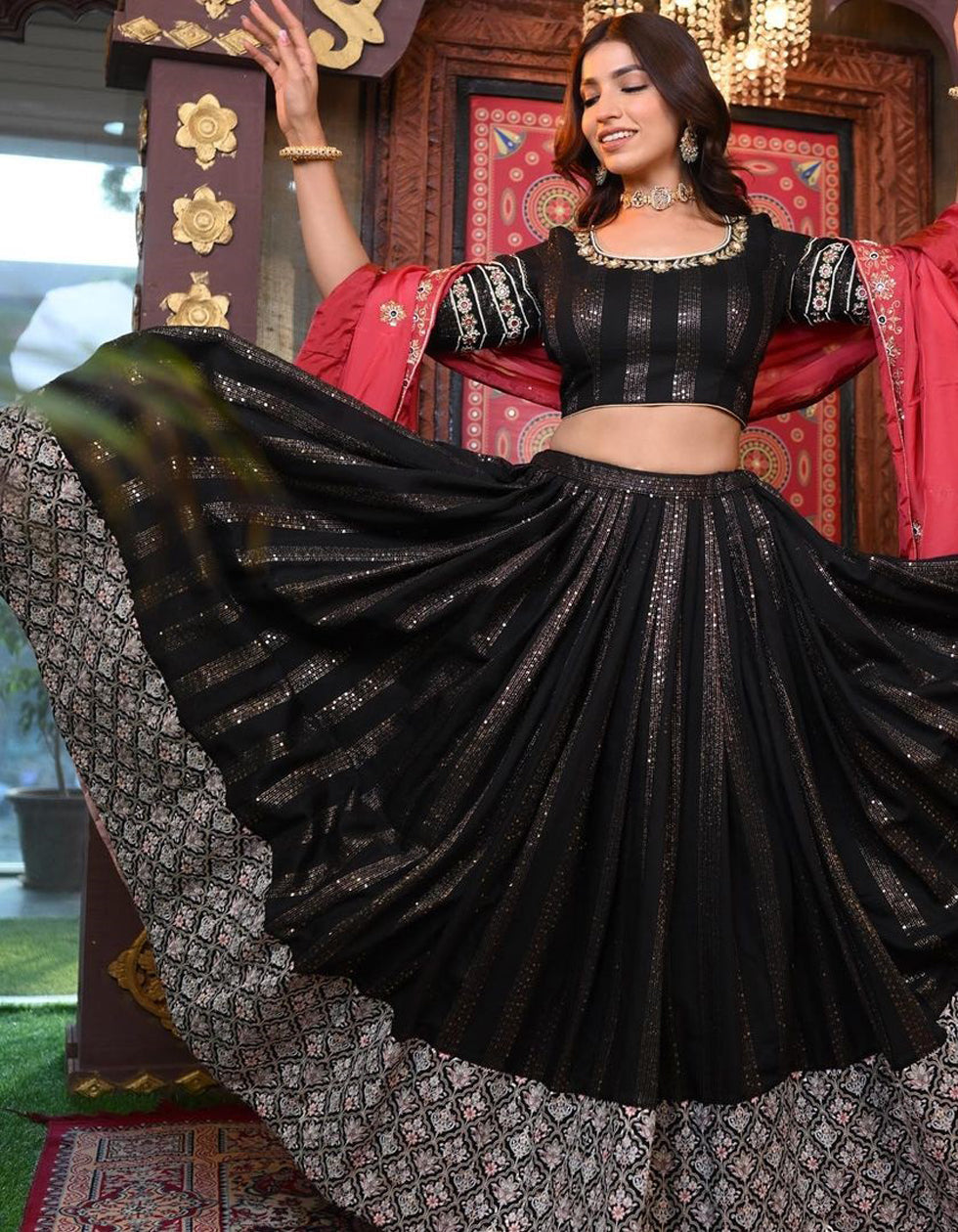 Black Geogette Sequence Embroidered Work  Party Wear Lehenga Choli With Dupatta