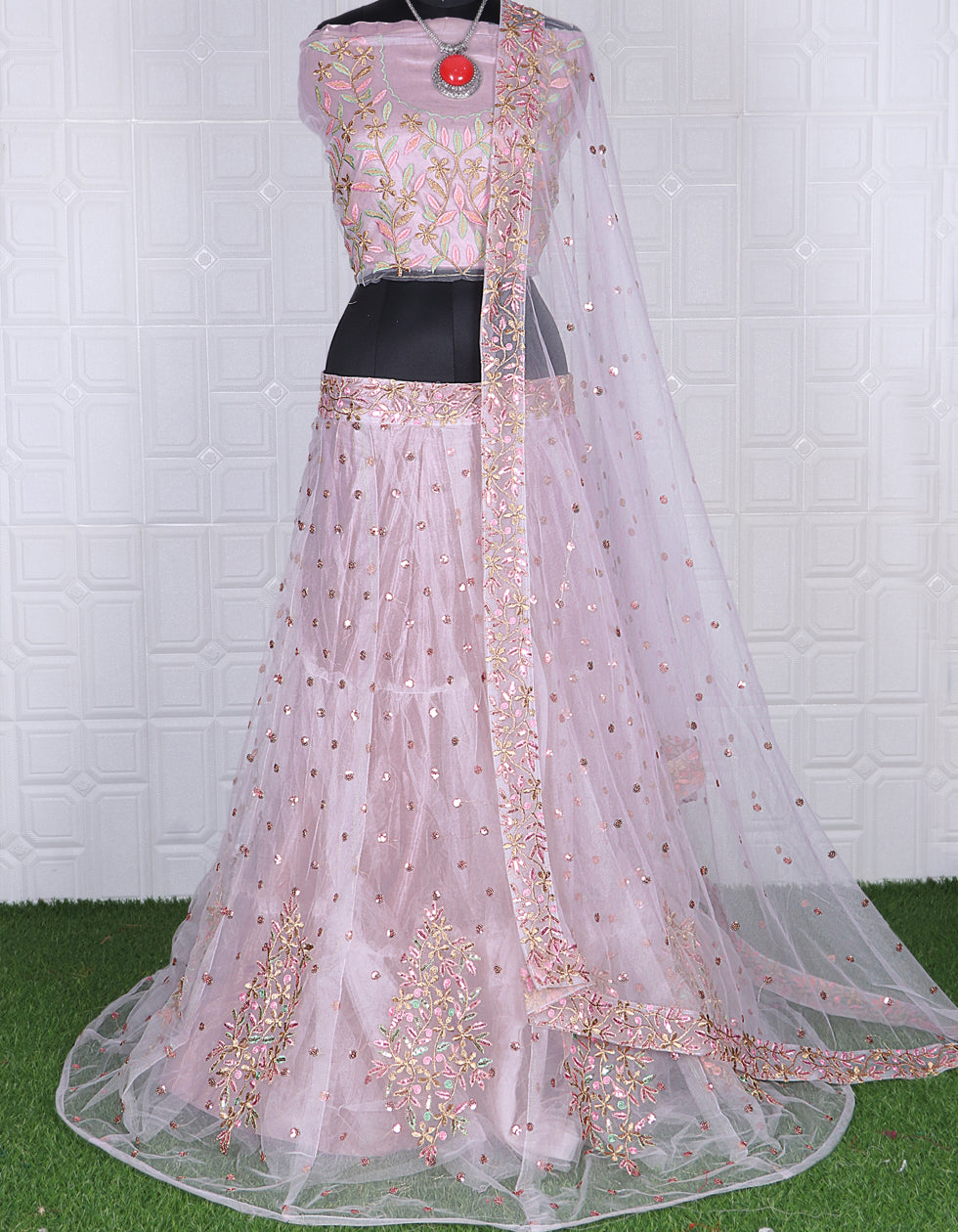 Baby Pink Net Embroidered Work Party Wear Lehenga Choli