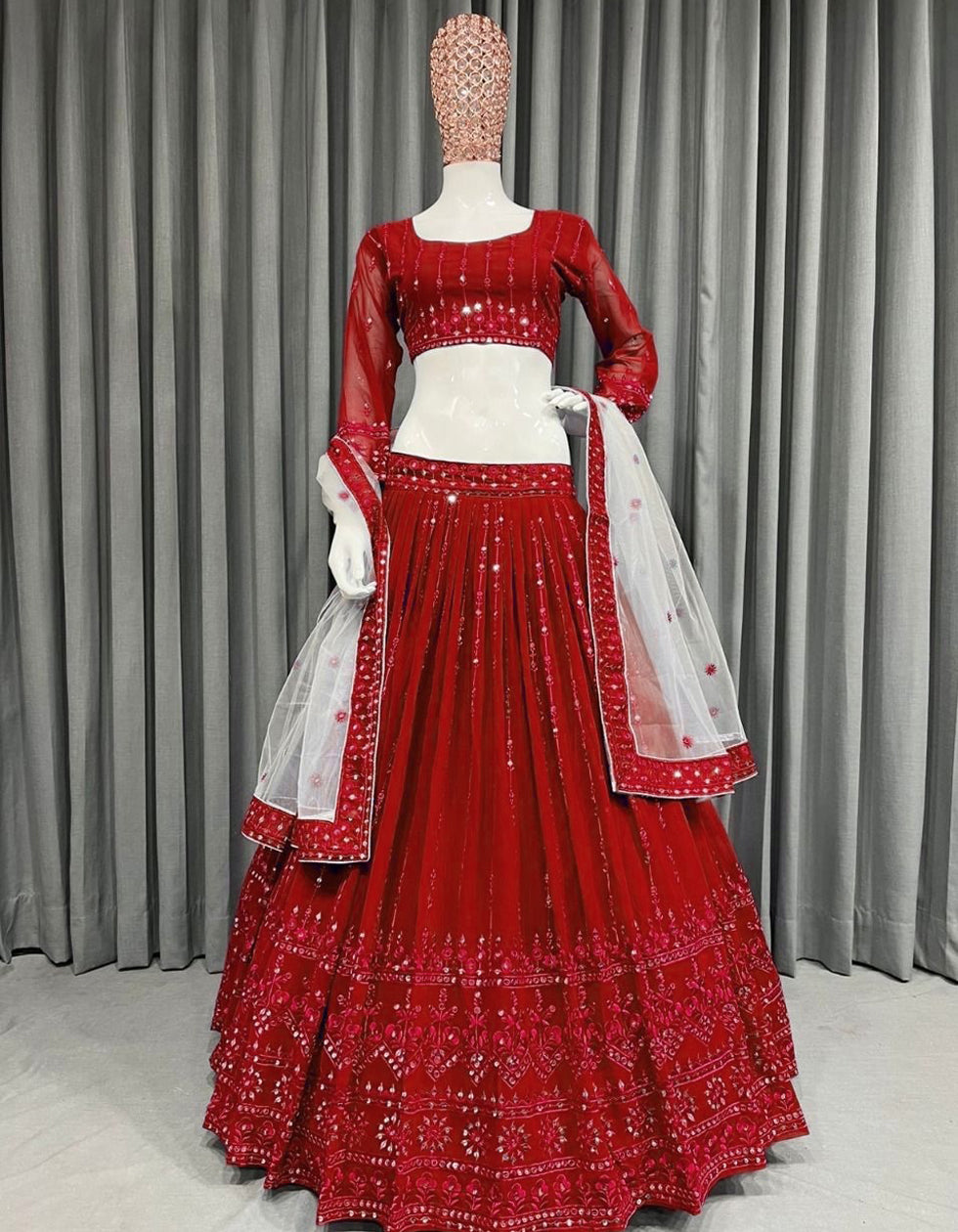 Red Georgette  Embroidered With Sequnce Work Party Wear Lehenga Choli With Dupatta