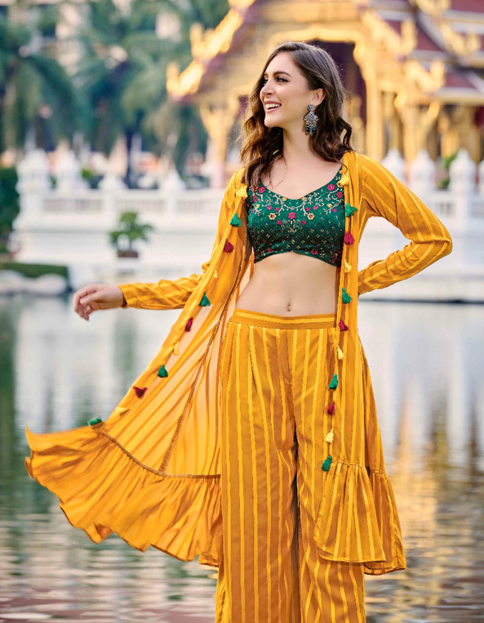 Yellow Georgette Embroidered Party Wear Plazzo Suit
