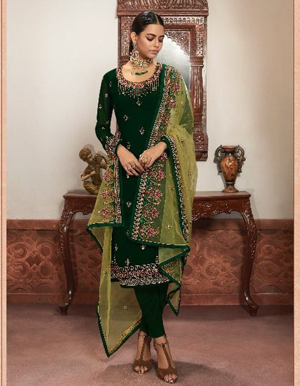 Gharara Style Dark Green Georgette Salwar Suit