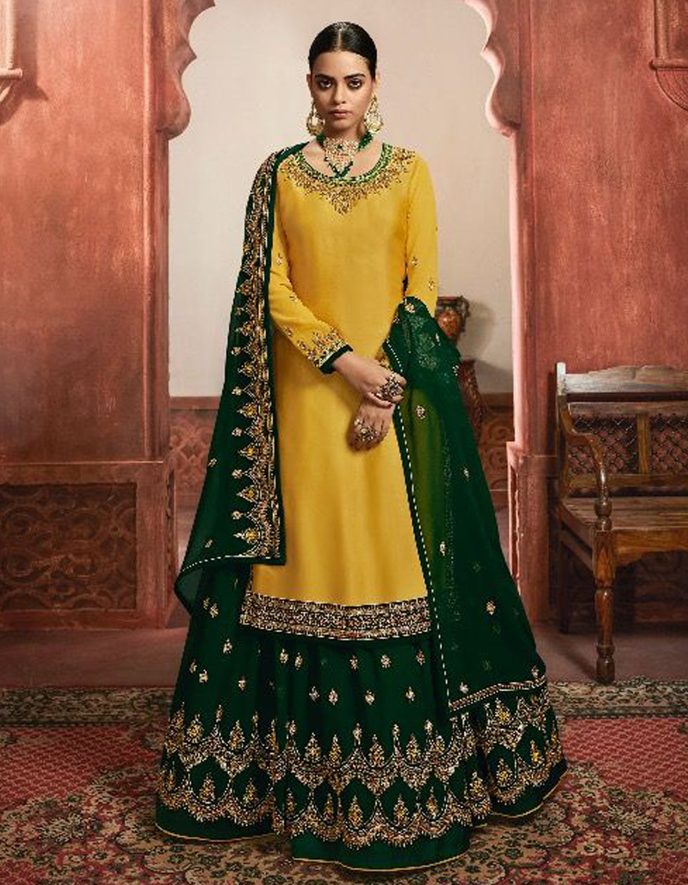 Yellow & Green Satin Georgette Gharara Style Salwar Suit