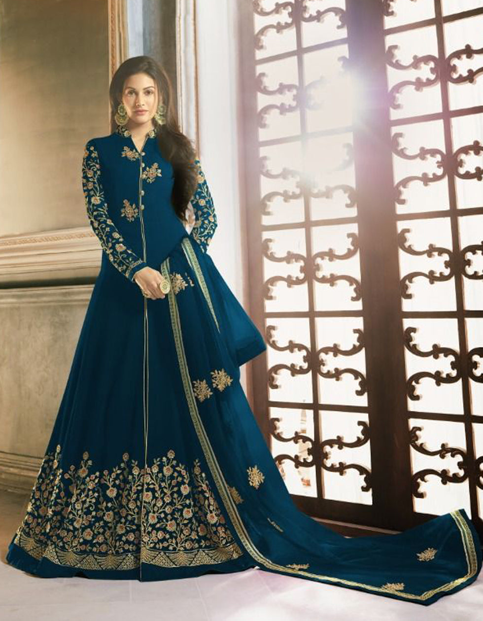 Designer Turquoise Georgette Party Wear Salwar Suit With Embroidery Work