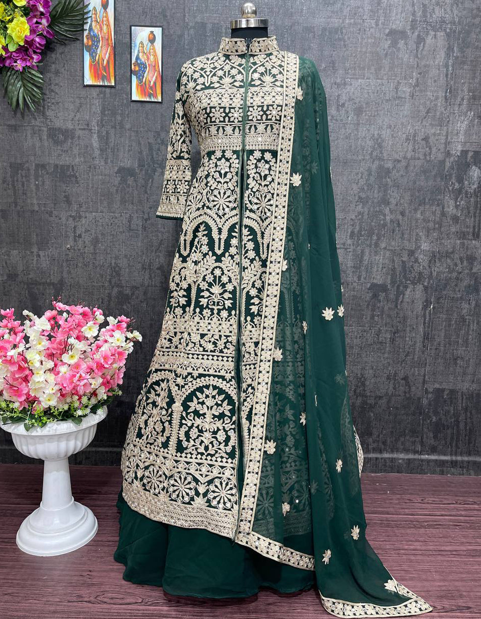 Green Georgette Heavy Chine Stitch  With Real Mirror Party Wear Indo Western