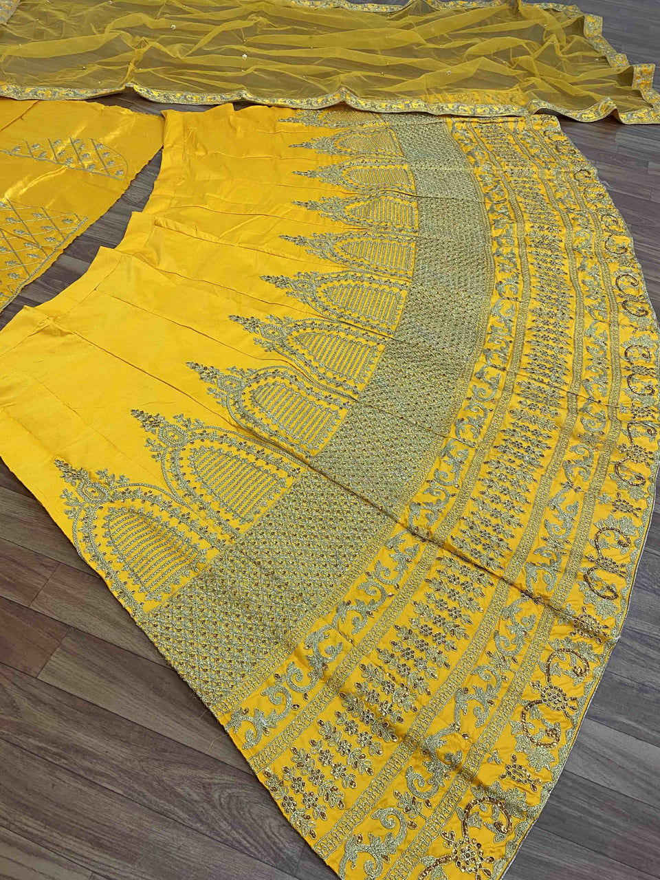 Yellow Malay Satin Silk Embroidered Sequance Bridal Haldi Collection Lehenga Choli