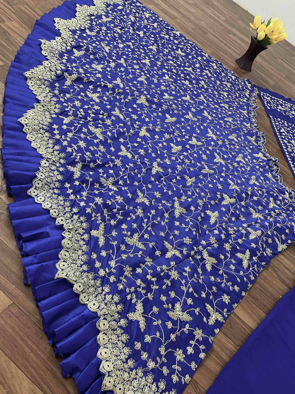 Blue Malay Satin Silk Embroidred Zari Work Wedding Wear Lehenga Choli