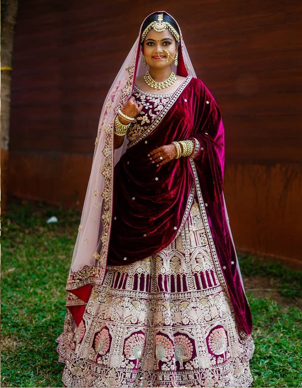 Maroon Velvet Bridal Lehenga For Traditional Indian Wedding – FOURMATCHING