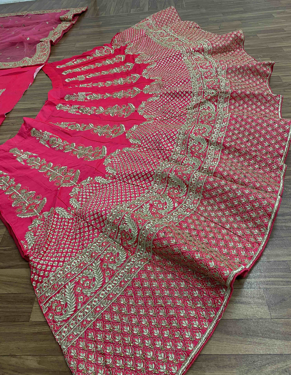 Pink Malay Satin Silk Embroidered Zari Work Bridal Collecation Lehenga Choli