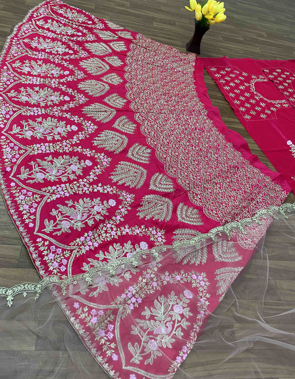 Pink Malay Satin Silk Embroidered Zari  Work Wedding Wear Lehenga Choli