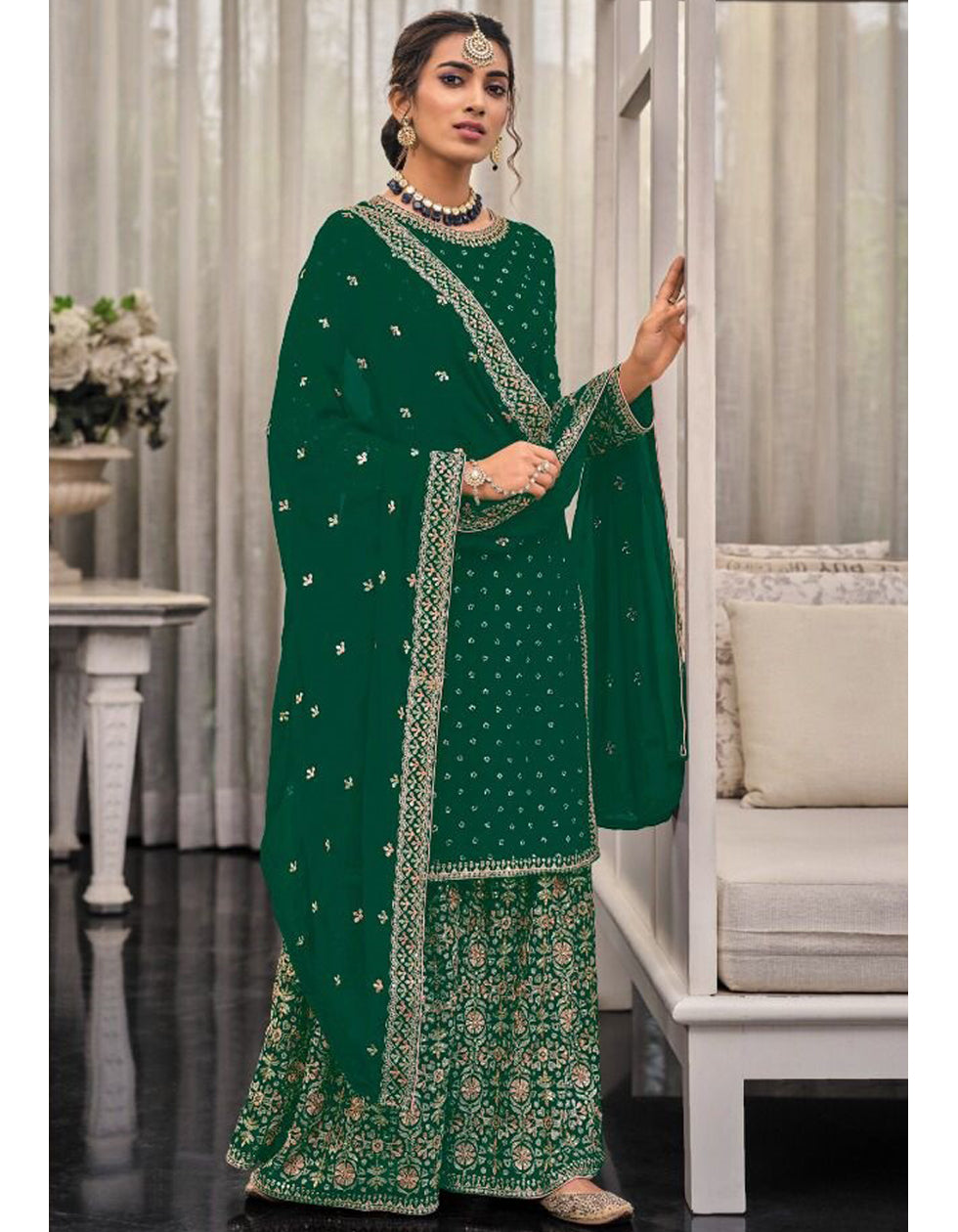 Green Georgette Embroidered Sequance Pakistani Sharara Suit