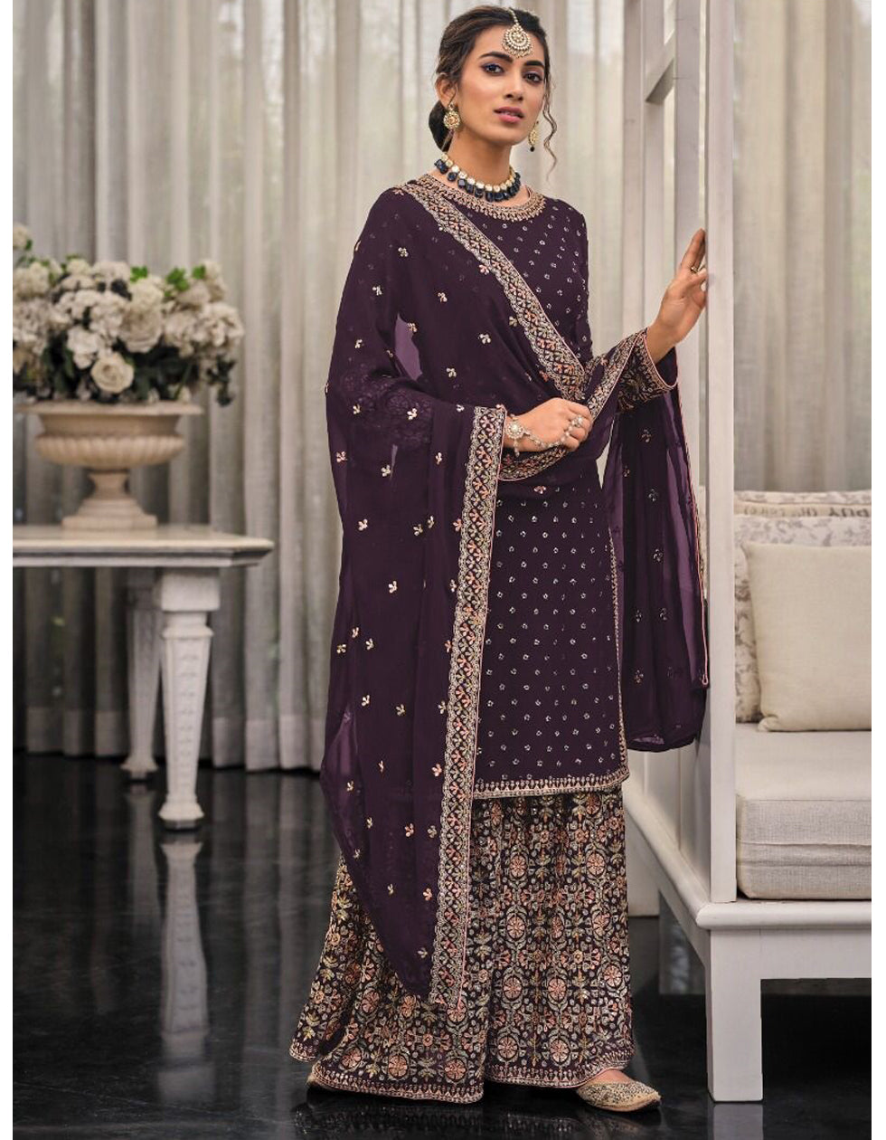 Purple Georgette Embroidered Sequance Pakistani Sharara Suit