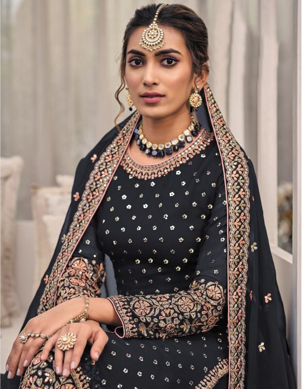 Black Georgette Embroidered Sequance Pakistani Sharara Suit