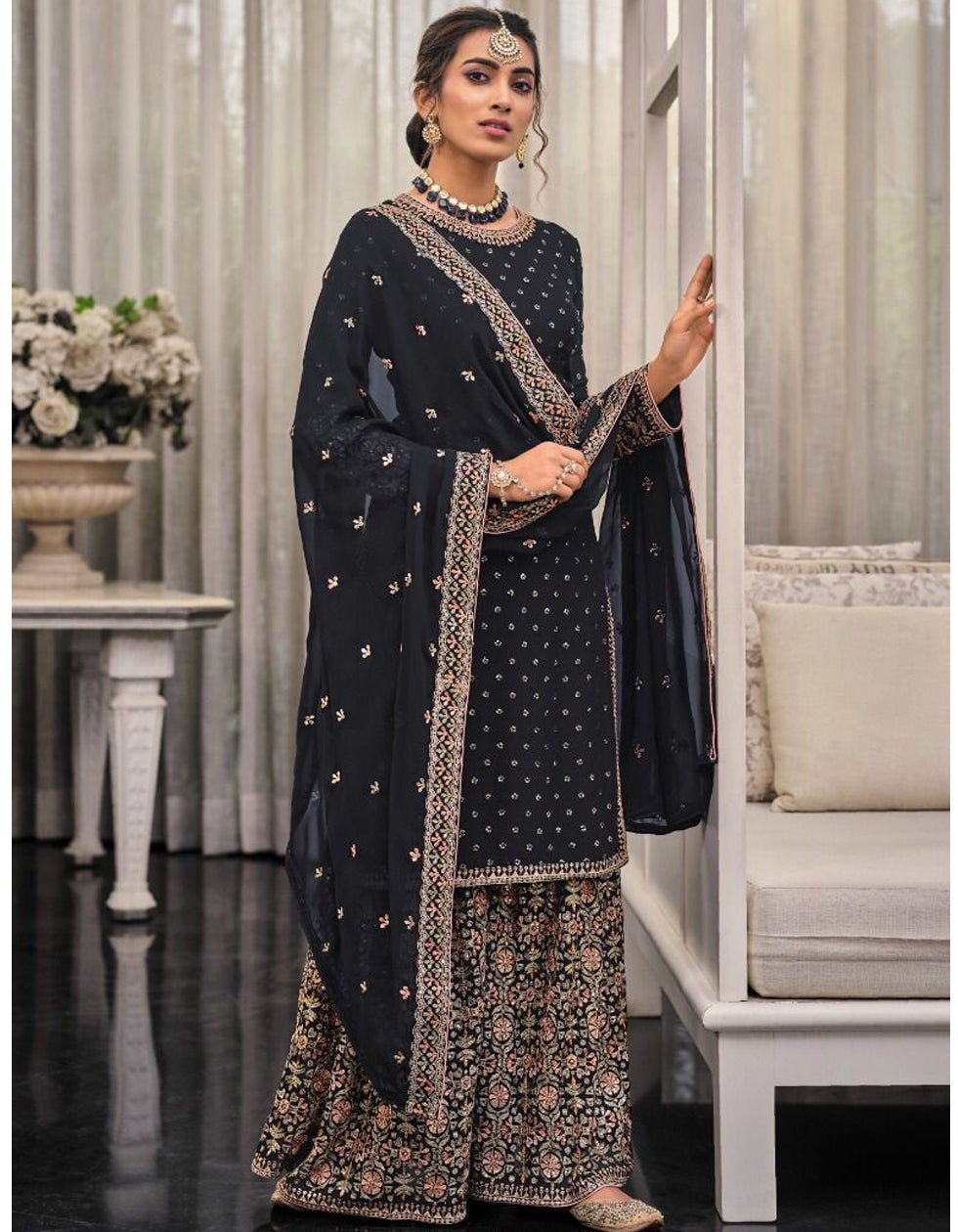 Black Georgette Embroidered Sequance Pakistani Sharara Suit