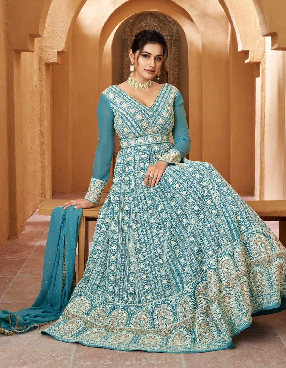 Designer Art Silk Function Wear Sky Blue Color Gown With Hand Work