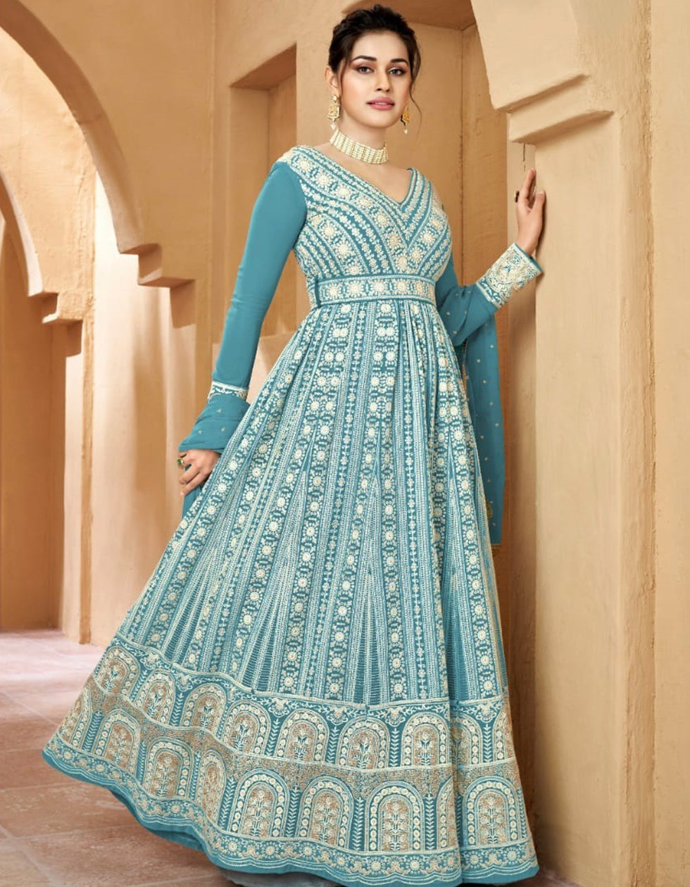 Sky Blue Georgette Embroidered Party Wear Gown With Dupatta 