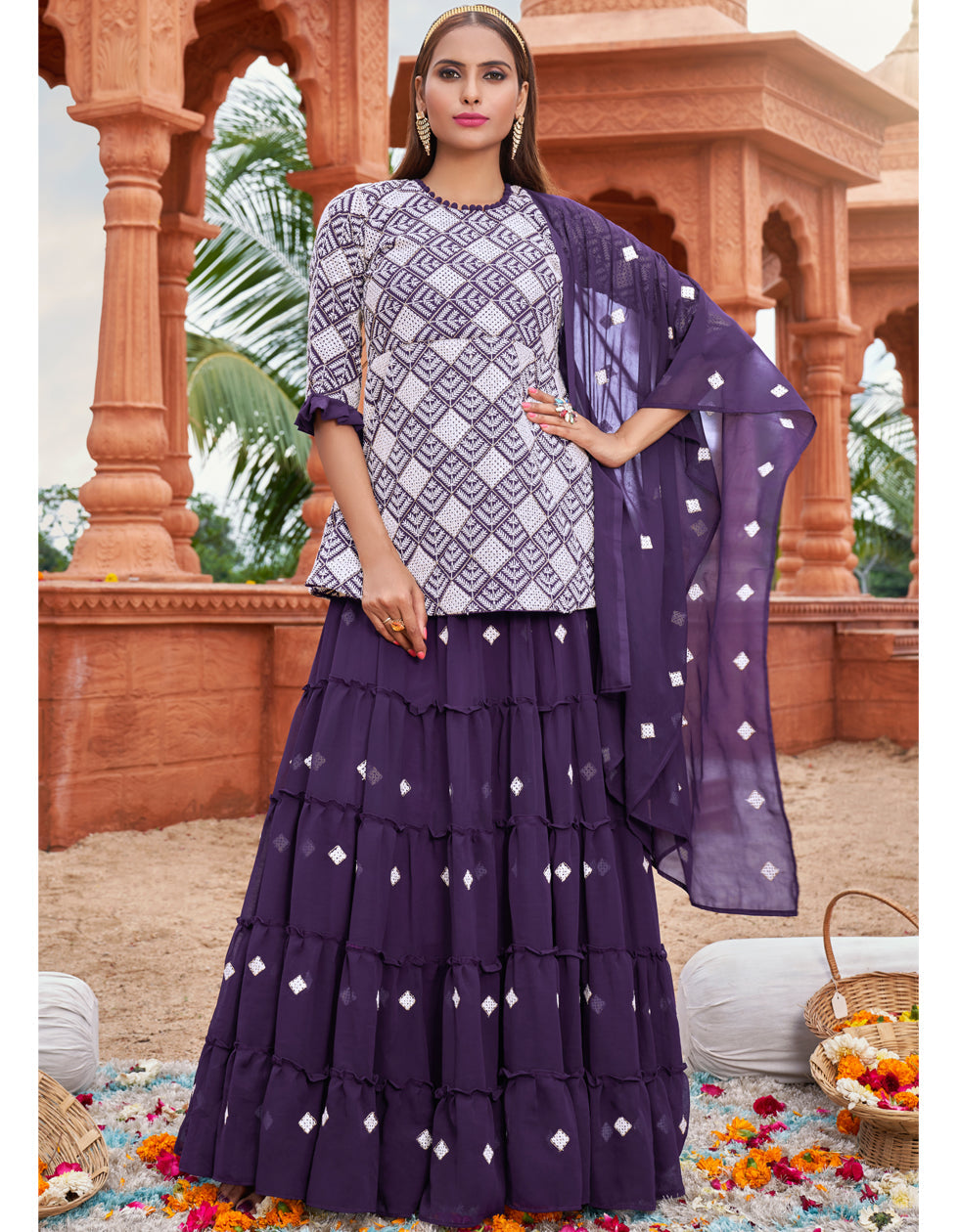 Purple Georgette Embroidred With Party Wear Indo Western