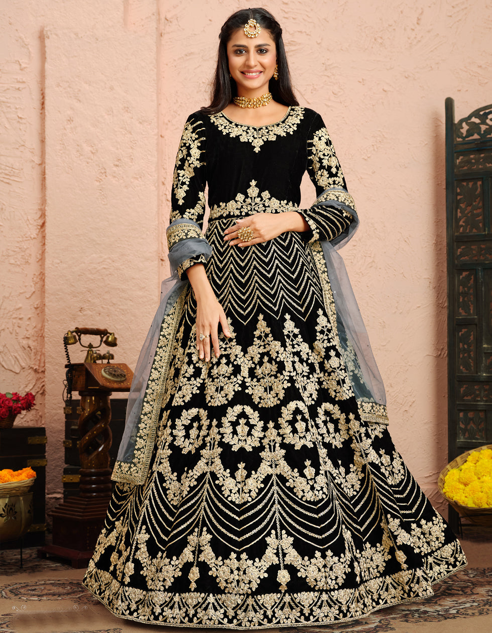 Black Velvet Embroidery Work Gown With Net Dupatta