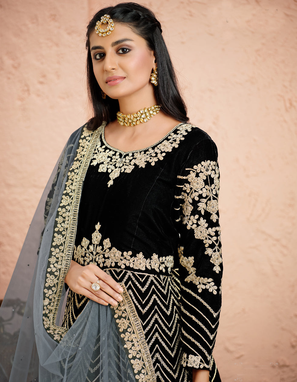 Black Velvet Embroidery Work Gown With Net Dupatta