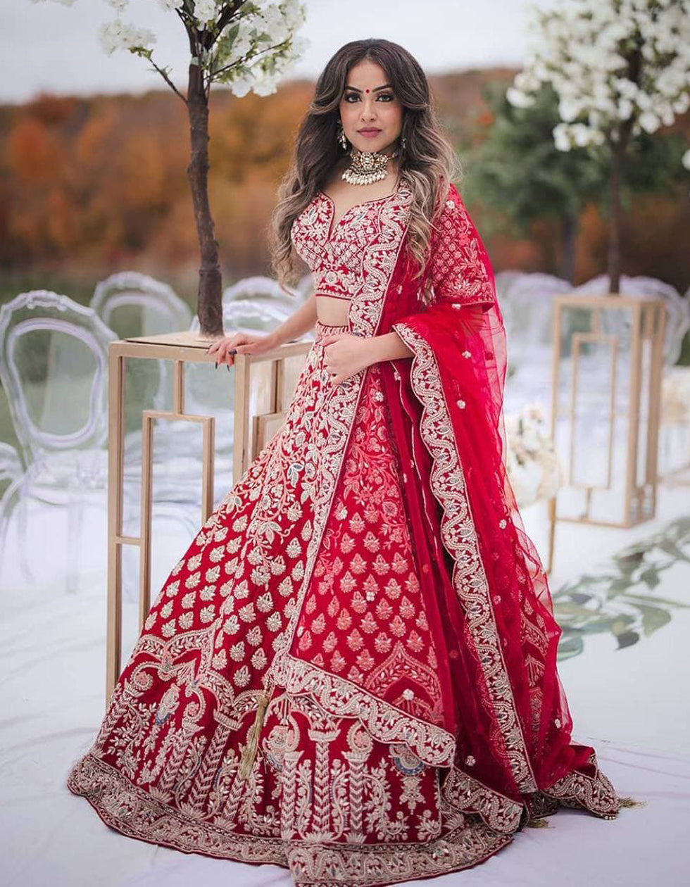 Bridal Wear Red Malai Satin Lehenga With Multi Work