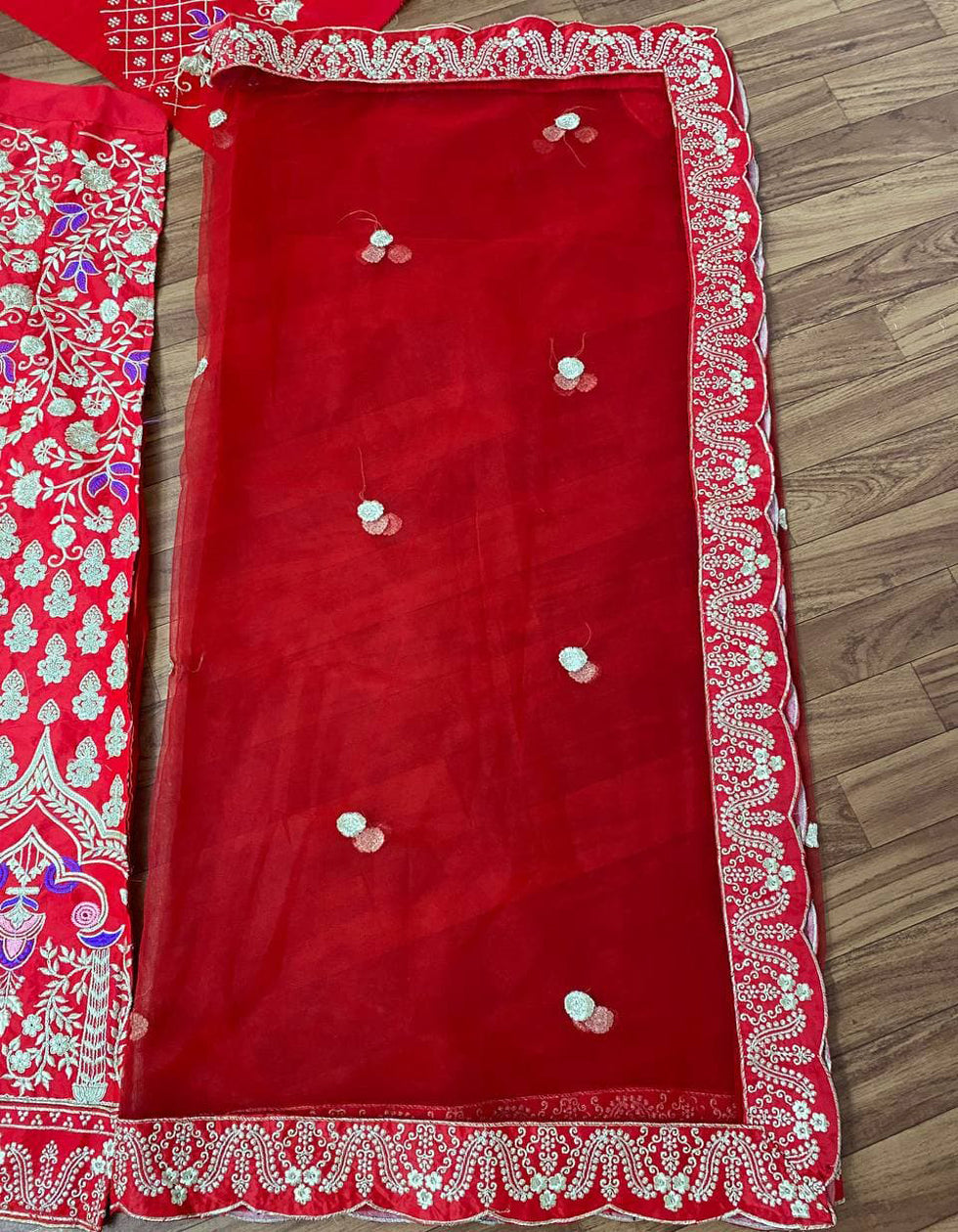 Bridal Wear Red Malai Satin Lehenga With Multi Work