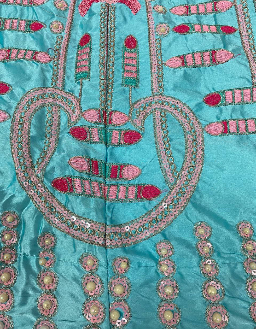 Designer Aqua Blue Heavy Embroidered Malai Satin Lehenga Choli