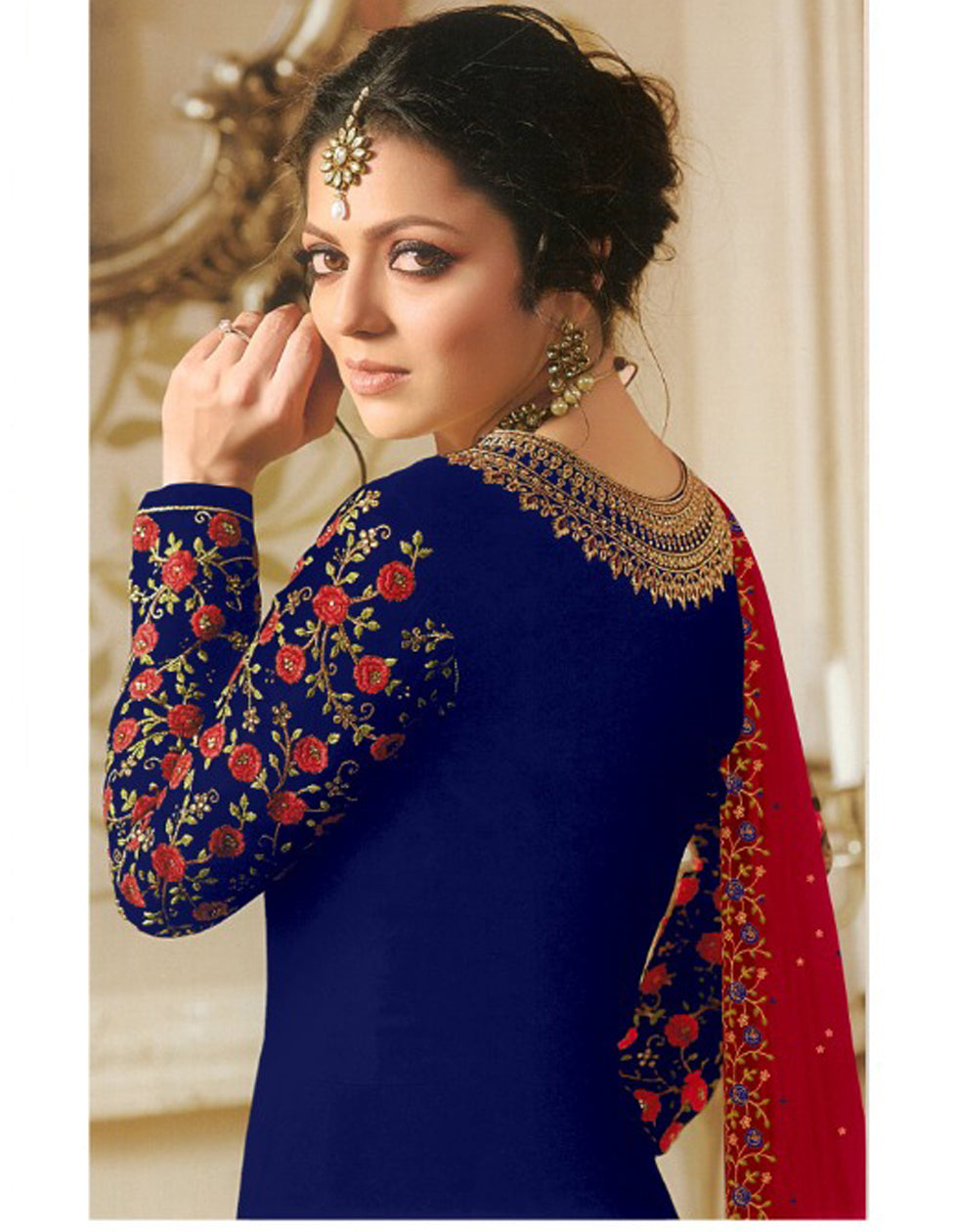 Designer Blue Georgette Gown With Embroidery Work
