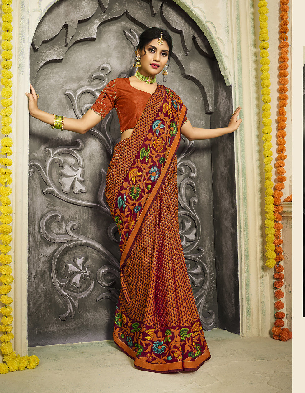 Designer Brown Silk Brasso Printed Saree With Blouse