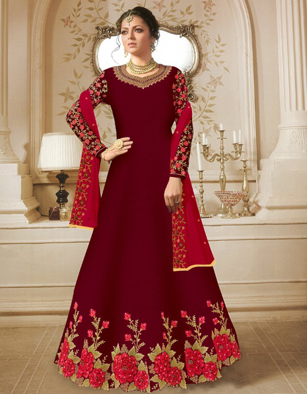 Designer Maroon Georgette Gown With Embroidery Work