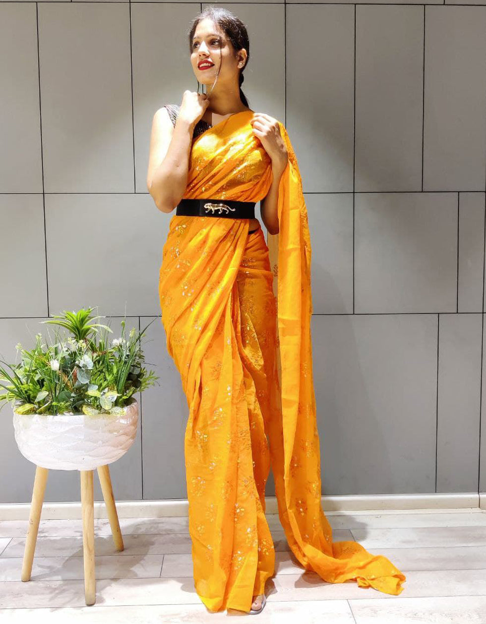 Buy Ready To Wear Yellow Chiffon Shimmer Saree With Waist Belt Online