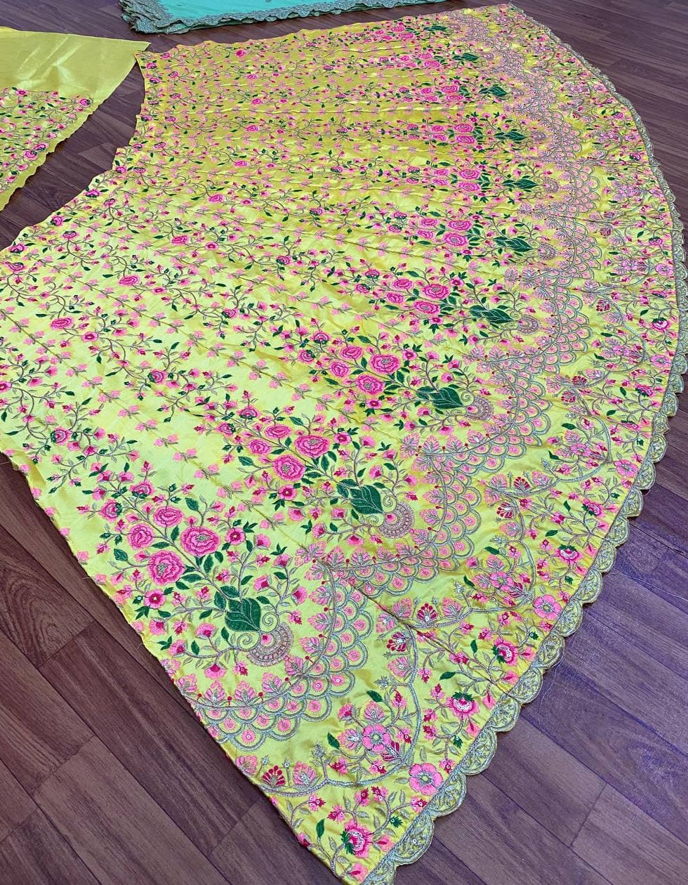 Designer Yellow Satin Silk Floral Embroidery Lehenga Choli
