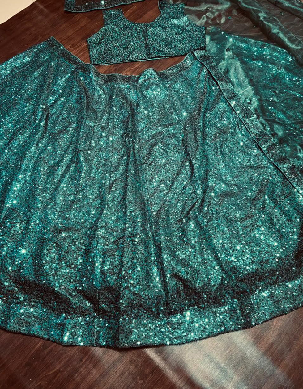 Fancy Turquoise Satin Silk Sequins Lehenga Choli