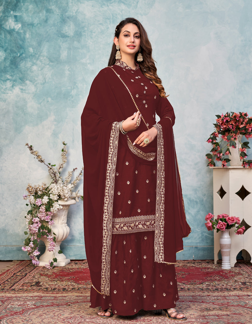 Maroon Art Silk Wedding Wear Salwar Suit