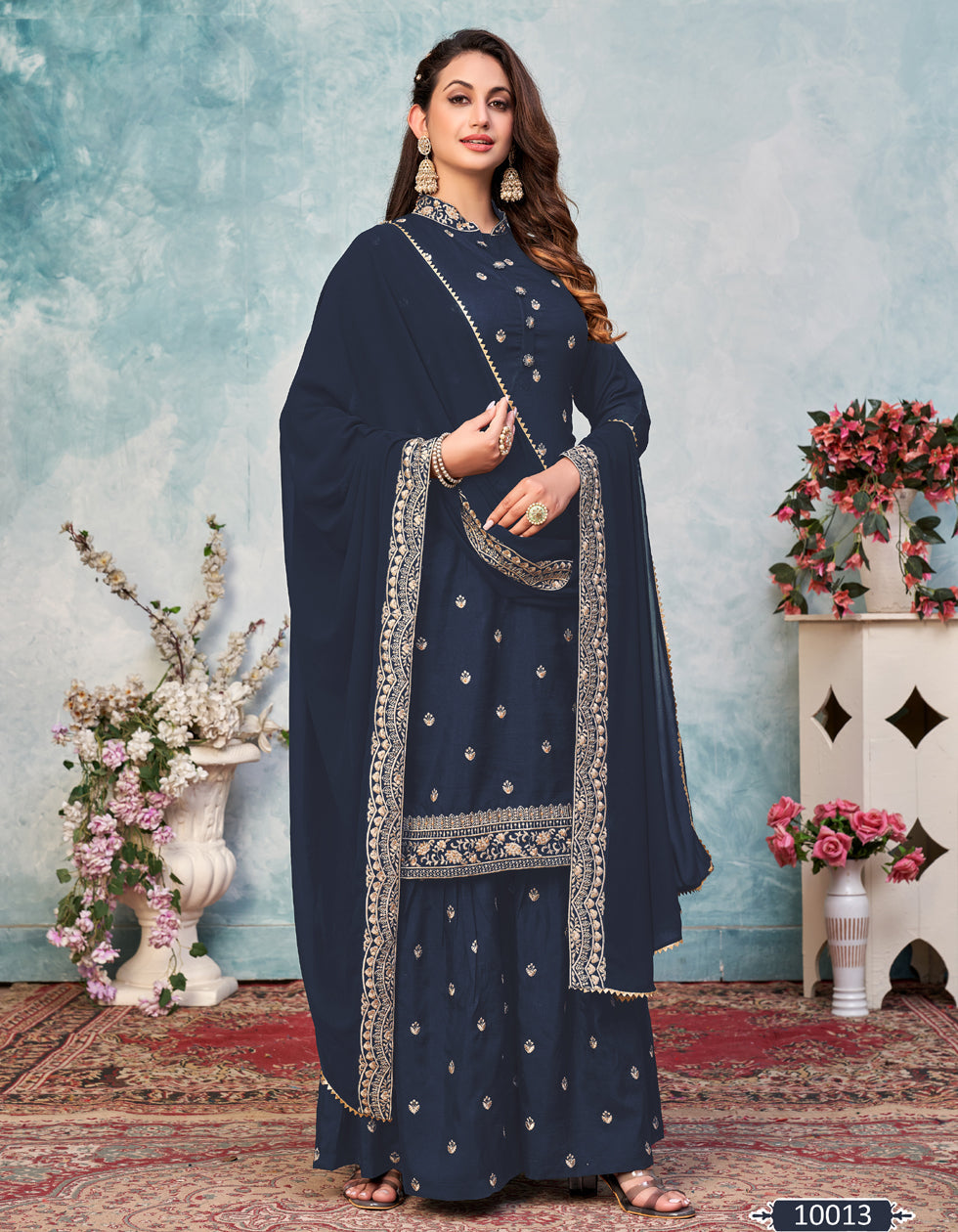 Navy Blue Art Silk Wedding Wear Salwar Suit