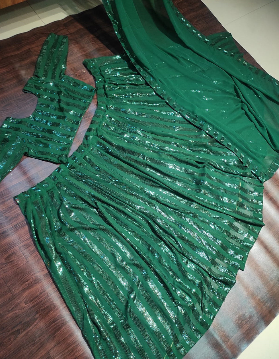 Premium Dark Green Georgette Stripped Design Lehenga Choli