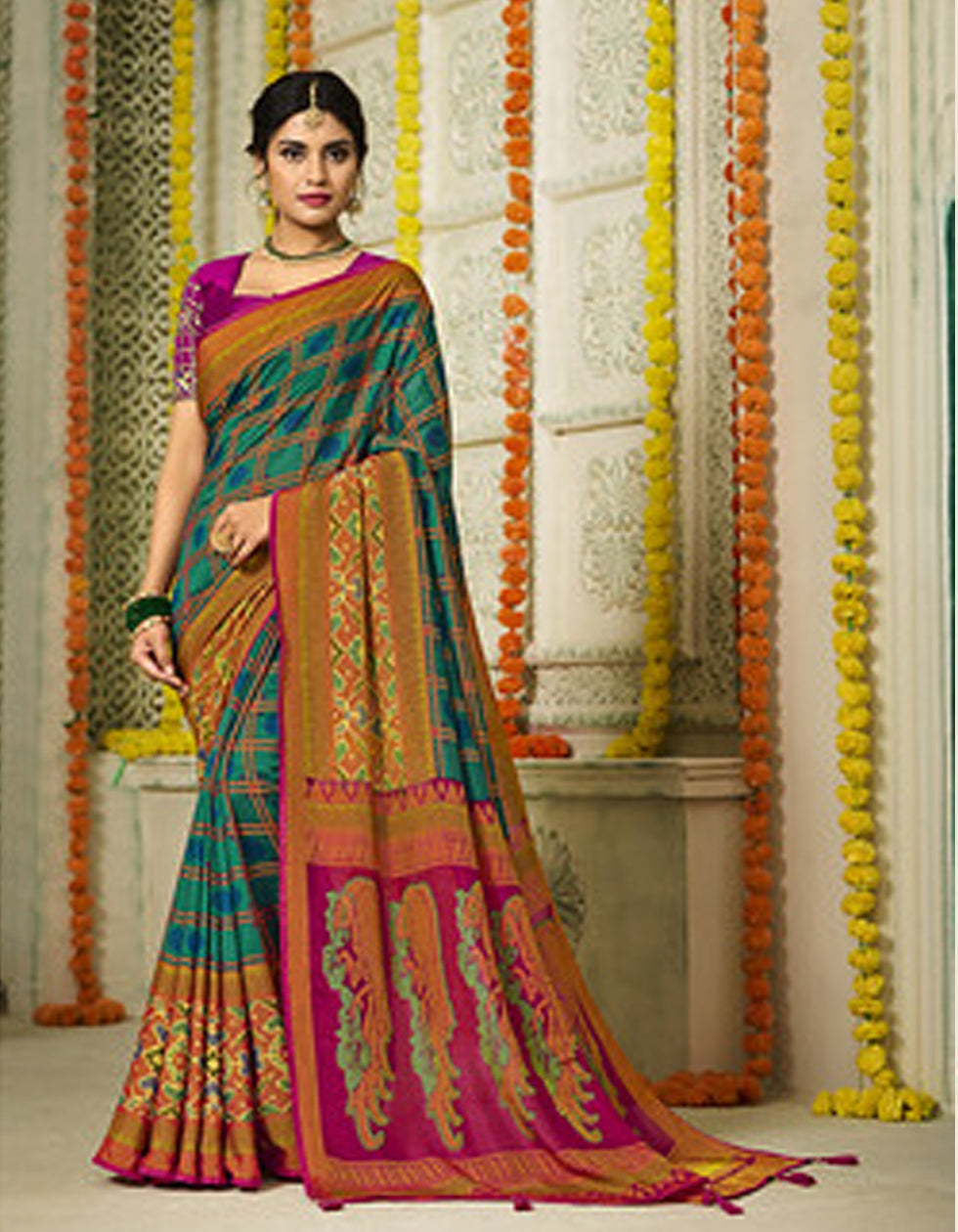 Turquoise Silk Brasso Printed Saree With Blouse